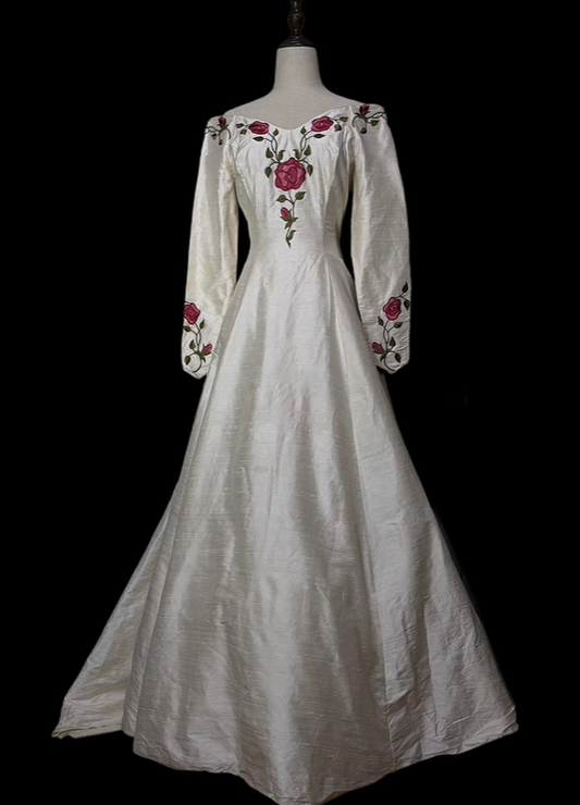 Vintage Off White Long Sleeve Embroidery Fitted Waist Long A-Line Prom & Evening Party Dress gh8500
