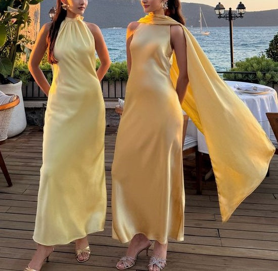 girlhomeshops-Gelb Elegante Einfache Lange Chiffon Satin Brautjungfer Kleid gh5954