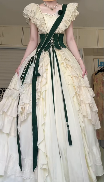 Ivory Vintage Royal Court Lolita Ball Gown, Square Neck Ruffle Flutter Sleeve Dark Green Corset Waist Sash Multi‑Layer Ruffle Lace Skirt Formal Party Dress gh8967