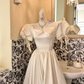Ivory Satin Puff Sleeve Square Neck Waist-Cinched Full Flared Skirt Long Romantic Dress, Wedding Gown gh7748
