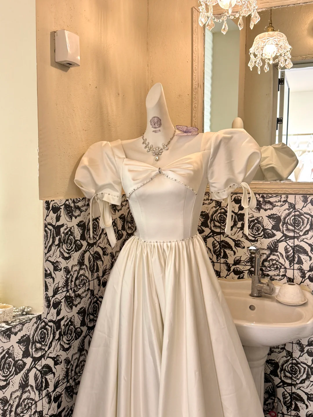 Ivory Satin Puff Sleeve Square Neck Waist-Cinched Full Flared Skirt Long Romantic Dress, Wedding Gown gh7748