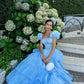 Robe de soirée princesse bleue élégante, coupe trapèze, manches courtes, longue, en tulle, robe de bal, gh4197