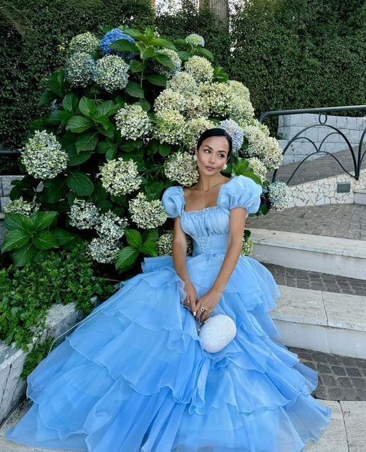Robe de soirée princesse bleue élégante, coupe trapèze, manches courtes, longue, en tulle, robe de bal, gh4197