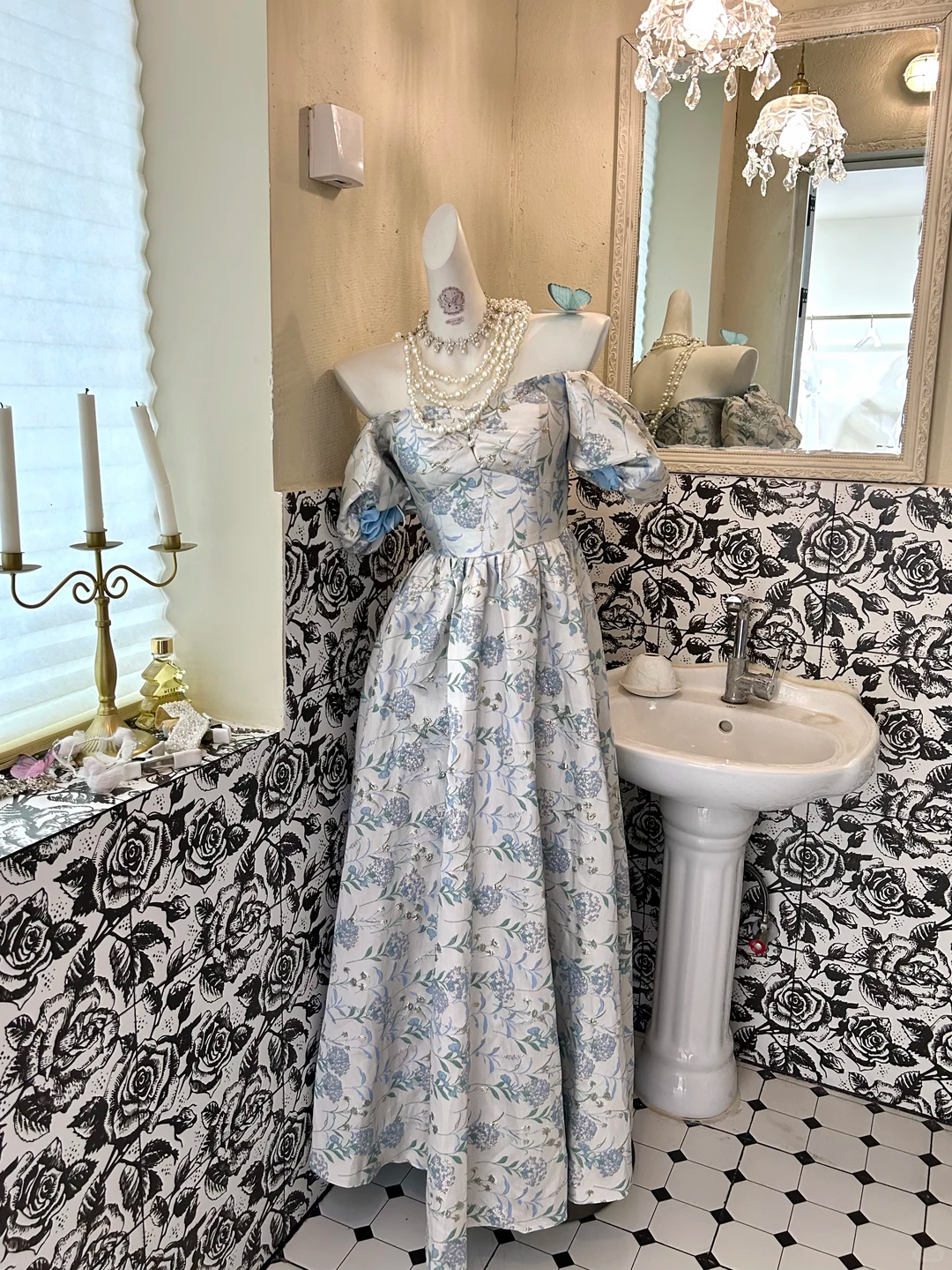 Blue Printed Off-the-Shoulder Waist-Cinched Elegant Vintage Romantic Dress, Wedding Gown gh7584