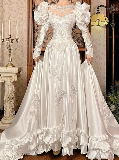 Off‑White Long Puff Sleeve Vintage Fitted Waist Palace‑Style Full Flared Skirt Prom Gown, Wedding Dress gh8594