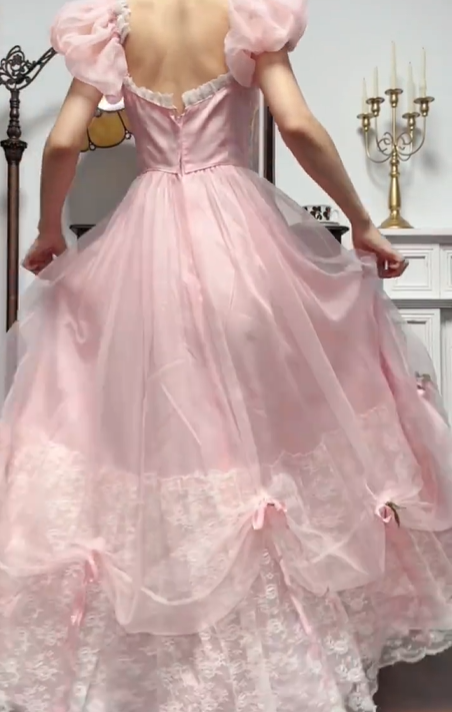 Pink Vintage Square‑Neck Puff‑Sleeve Lace‑Trim Drawstring‑Bow‑Draped Ballgown Floor‑Length Evening Prom Gown gh8800