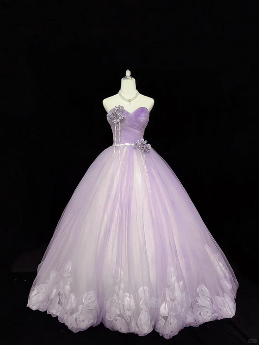 Romantic Wedding Gown, Lavender Strapless, Cinched Waist, Voluminous Full Skirt gh7909