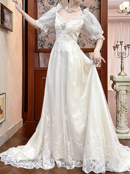 Ivory Vintage Lace Empire Waist Wedding Prom Dress, V‑Neck Tulle Puff 3/4 Sleeves, Gem Lace Appliqués, Full Lace Long Train gh8703
