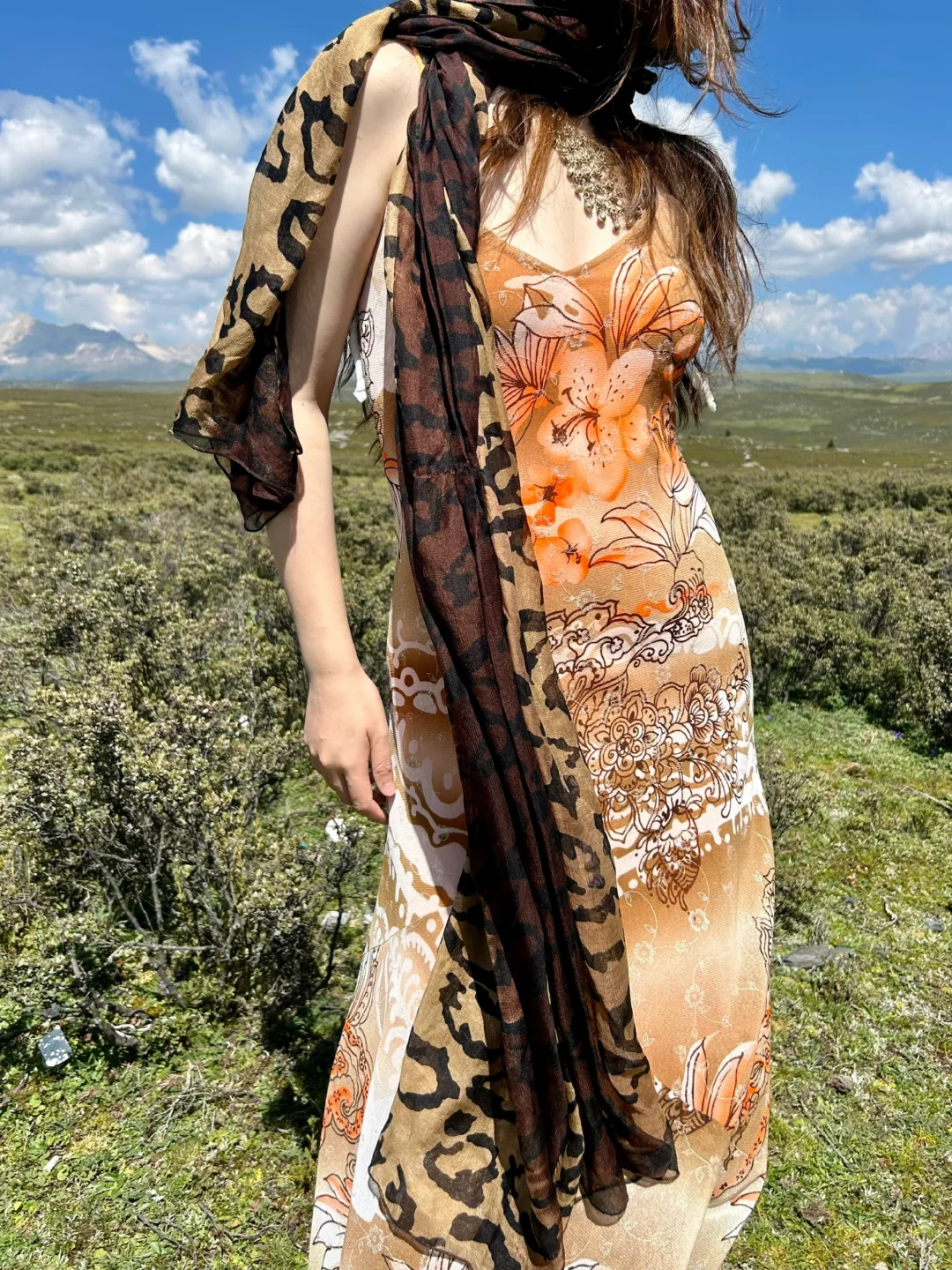 Light Orange Sexy Vintage Ombre Print Spaghetti Strap Fitted Waist Slim Prom & Evening Party Dress gh8457