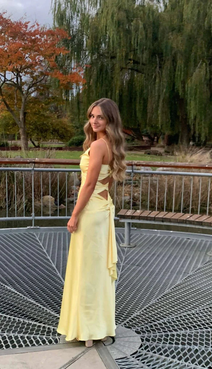 Yellow Fashion V-neck Spaghetti Straps Elegant Long Satin Back lace-up Ball Gown Evening Dress Party Dress gh3160
