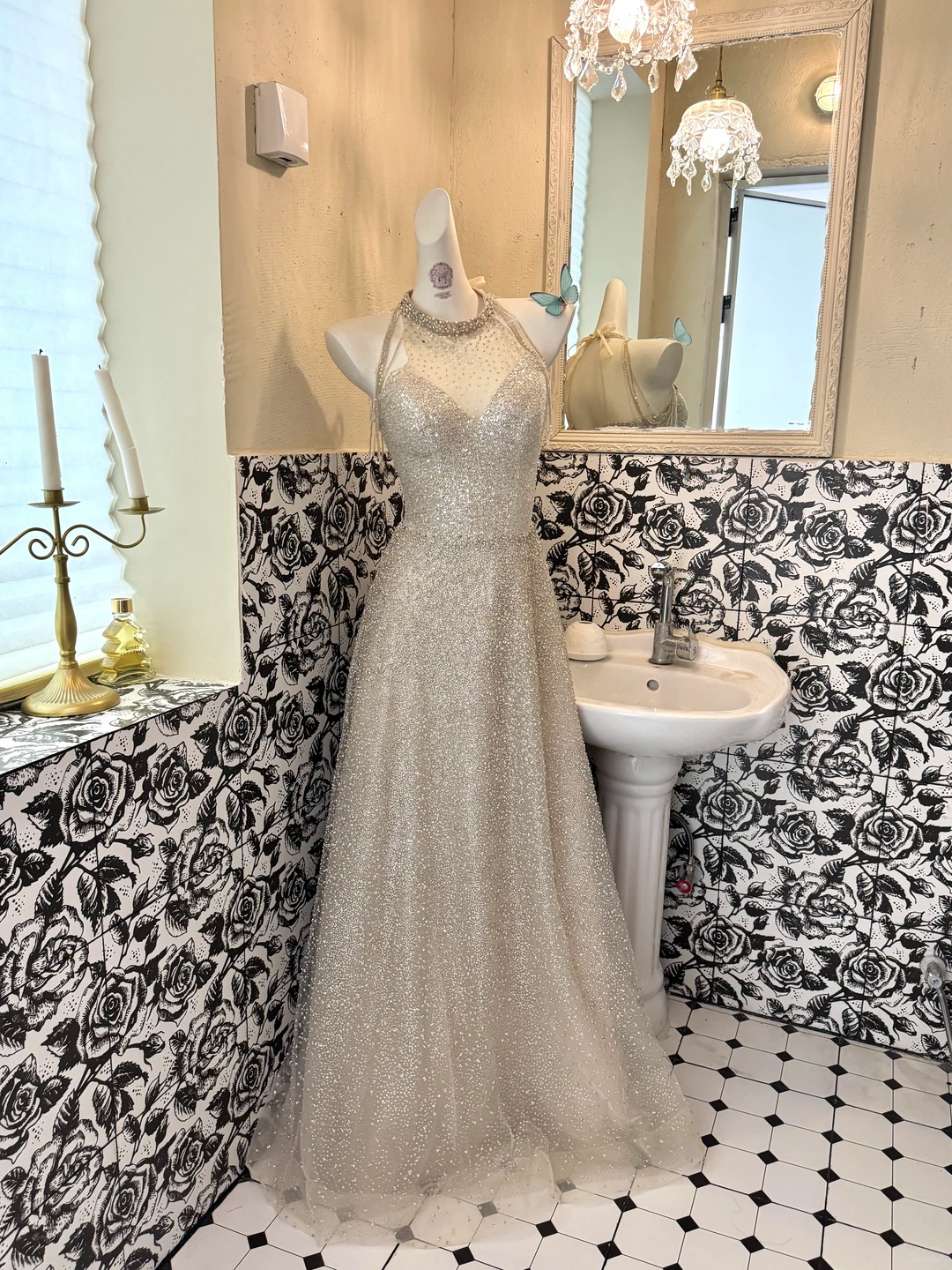Light Champagne Sequin Halter Waist-Cinched Slimming Elegant Romantic Dress, Wedding Gown gh7623