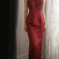 Burgundy Halter Long Evening Gown, Beaded Lace Embroidered Bodice Satin Fitted Sheath Formal Party Dress gh9115