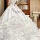 White Vintage Satin Ball Gown Wedding Prom Dress, V‑Neck Puff Sleeves, 3D Flowers Bows, Multi‑Tier Ruffle Cake Hem gh8713