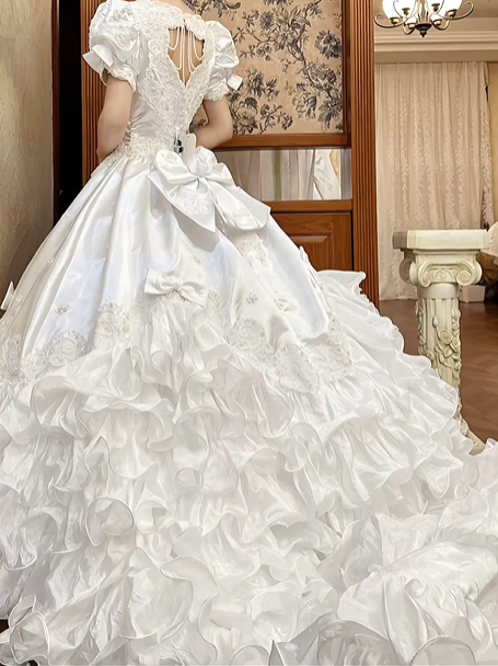 White Vintage Satin Ball Gown Wedding Prom Dress, V‑Neck Puff Sleeves, 3D Flowers Bows, Multi‑Tier Ruffle Cake Hem gh8713