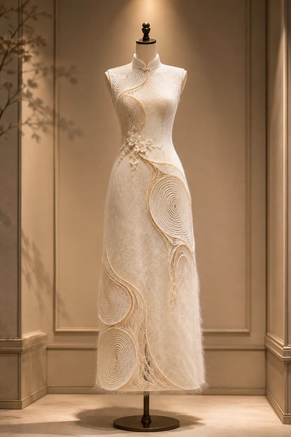 ✨Girlhomeshops-Cream White Spiral Wave Cord Embroidery Sleeveless Mermaid Qipao Cheongsam gh10407