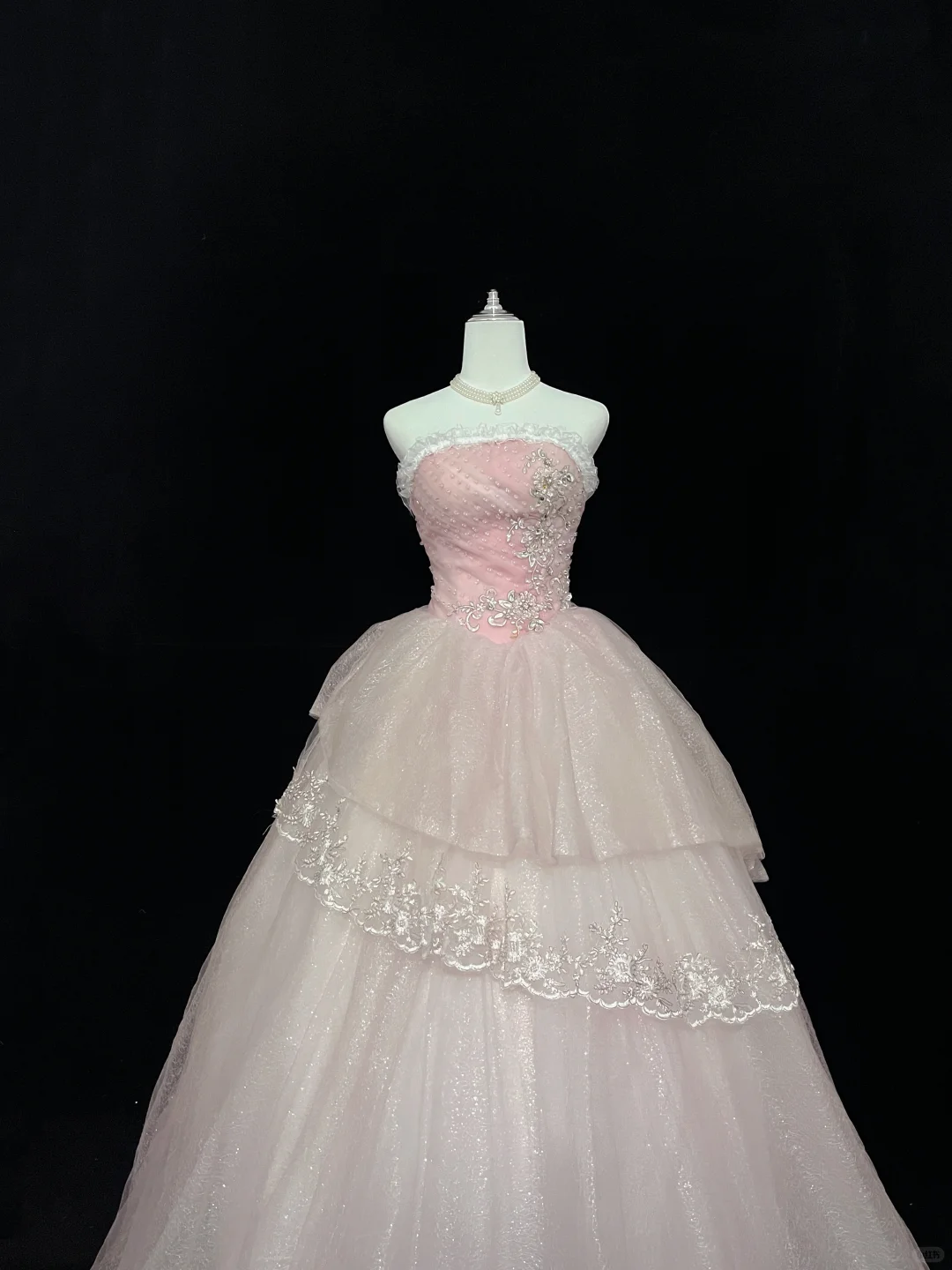 Blush Pink Strapless Cinched Waist Off White Voluminous Skirt Long Romantic Dress, Wedding Gown gh8046