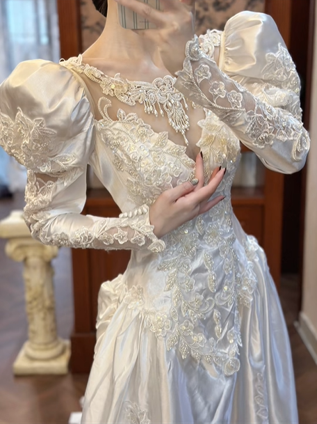 Ivory Vintage Satin Lace Ballgown Wedding Dress, Puff Long Sleeve Bridal Prom Dress gh8732