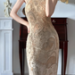 Champagne‑Gold Vintage Halter Sleeveless Prom Gown, All‑Over Heavy‑Duty Gold Floral Beaded Embroidery, Fitted Bodycon Column Maxi Dress, High Side Slit, Tulle Base Fabric, Evening Gala Dress gh8824