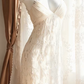 Ivory Lace Long Prom Dress, Spaghetti Straps, V-Neck, Hand-Beaded Tulle Vintage Long Formal Gown gh9570