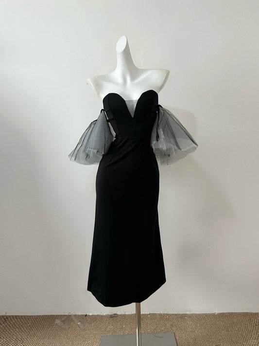 Robe de soirée longue en satin, élégante, noire, à manches courtes, mi-longue, pour bal de promo, gh4039