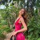 Pink Fashion Elegant Charming V Neck Floral Print Long Satin Ball Gown Evening Dress Holiday Party Dress gh3485