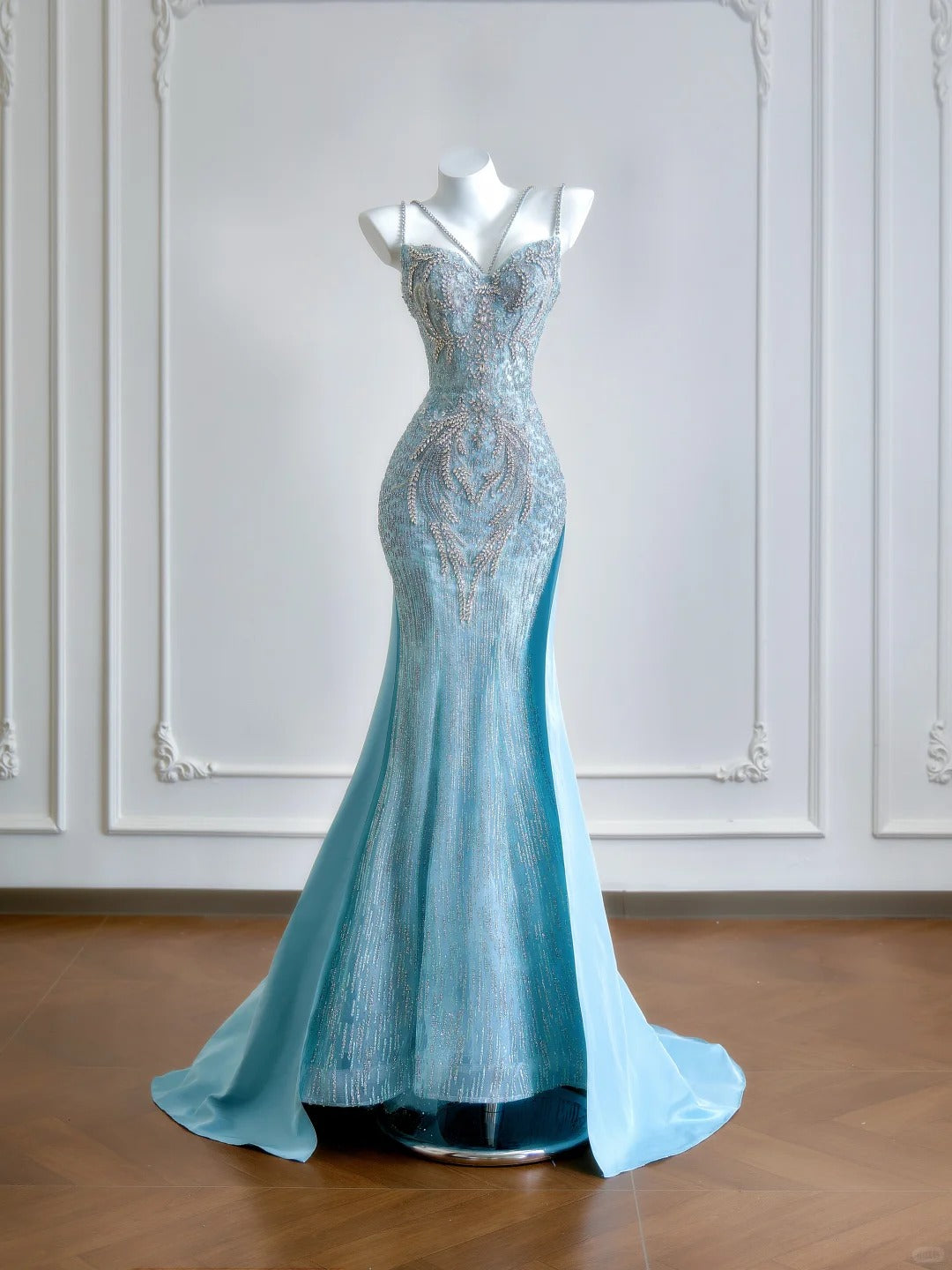 Girlhomeshops - Robe de bal longue en tulle bleu aqua avec perles et queue de sirène gh5484