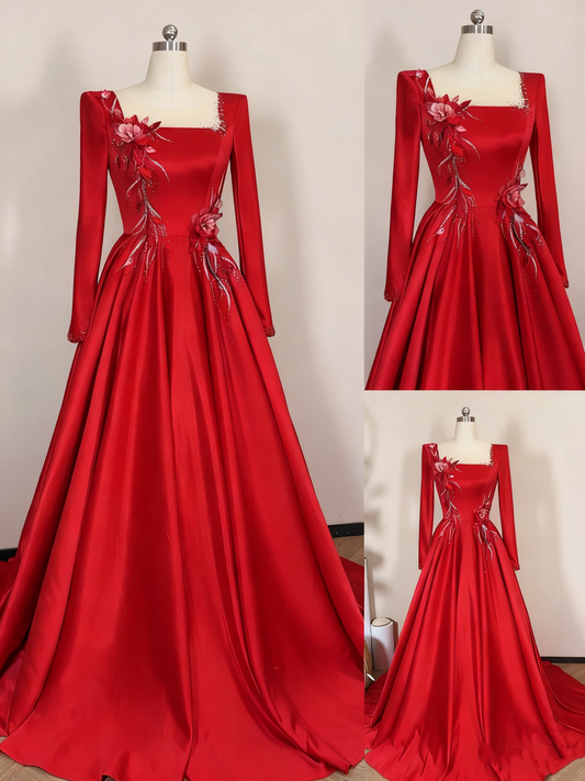 Crimson Satin Square-Neck Long-Sleeve 3D Flower Train Gown gh6387