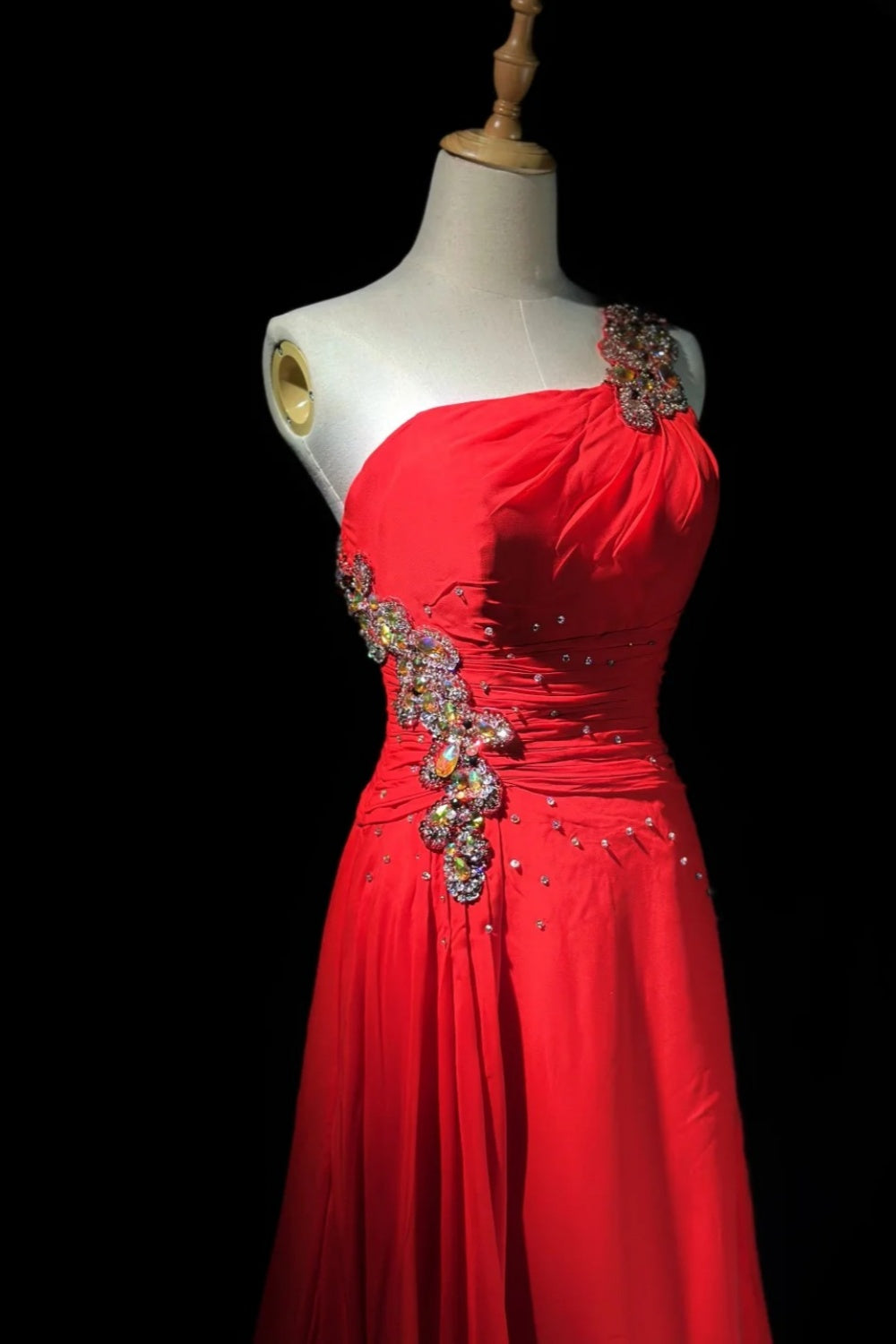 girlhomeshops-Glamorous Shiny Red Crystal One Shoulder Prom Dress gh5849