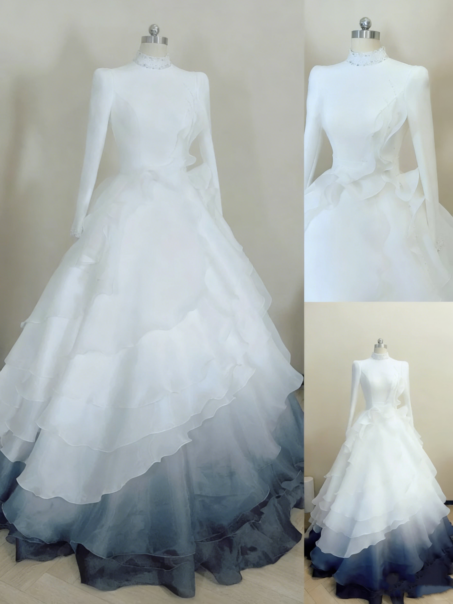 Formal Dress White-Blue Gradient Tulle High-Neck Long-Sleeve Tiered Train Gown Wedding Dress  gh6390