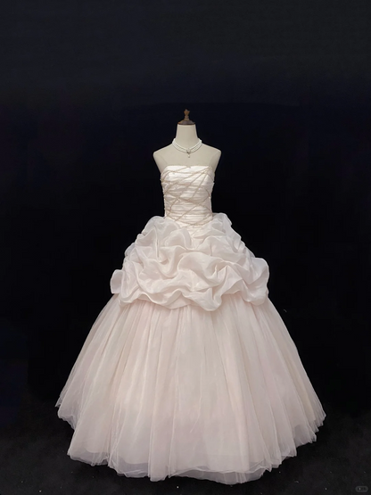 Blush Pink Strapless Romantic Gown With Rhinestones, Cinched Waist & Voluminous Princess Skirt, Wedding Dress & Bridal Gown gh8135