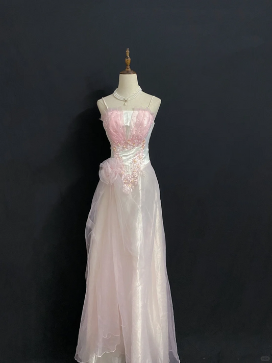 Blush Pink Spaghetti Strap Long Elegant Romantic Wedding Dress, Fitted Waist & Slim Fit gh8316