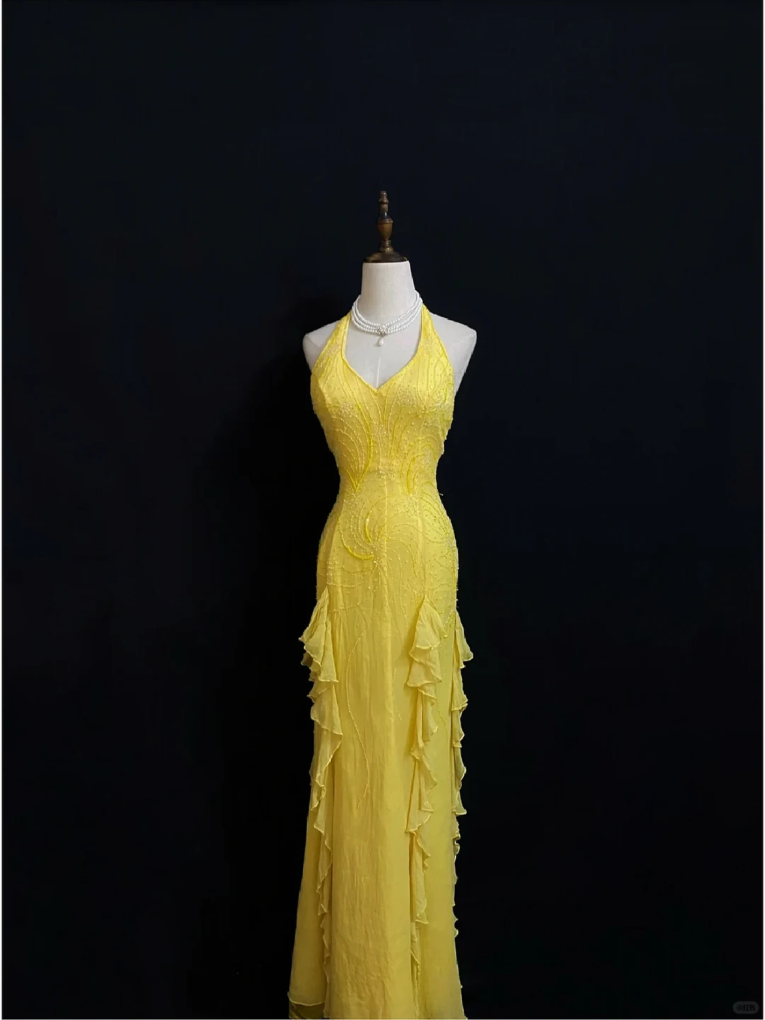 Yellow Halter Neck Elegant Long Romantic Gown, Beaded Embellishment, Fitted Waist & Slim Fit, Wedding Dress & Bridal Gown gh8175