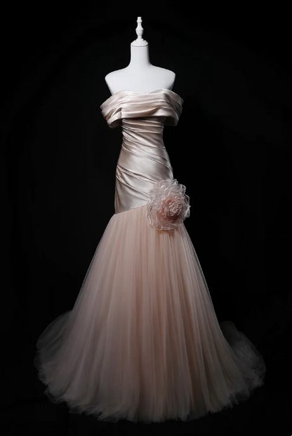 Light Champagne Pink Off Shoulder Waist-Cinched Fitted Elegant Evening Dress, Fairy Gown, Romantic Gown gh7466