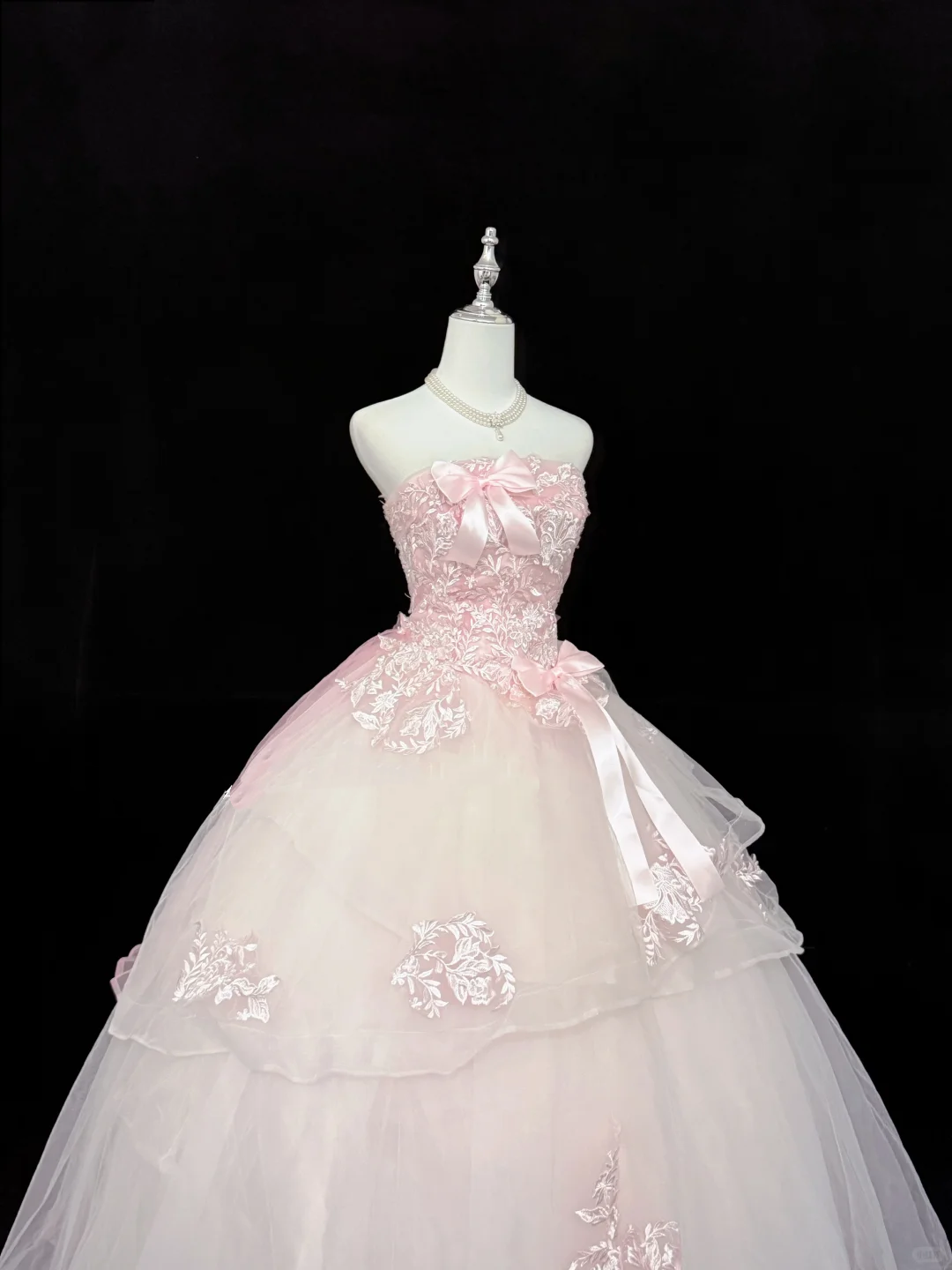 Blush Pink Strapless Embroidered Print Cinched Waist Voluminous Skirt Romantic Dress, Wedding Gown gh7915