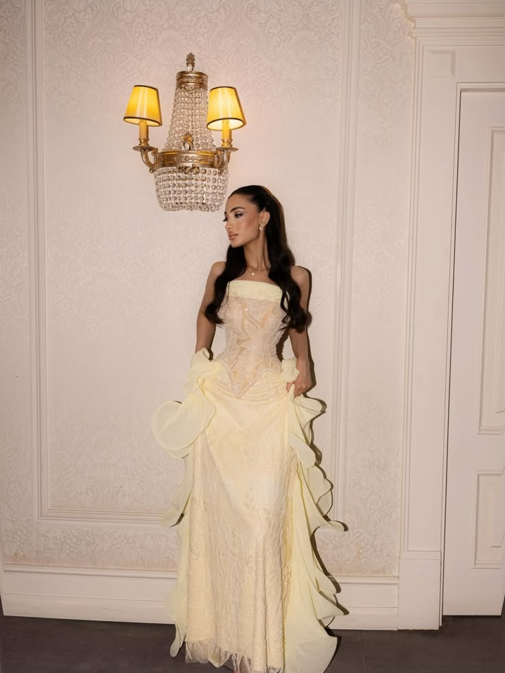 Light Yellow Strapless Waist-Cinched Elegant Skirt Prom Dress, Evening Gown gh7293