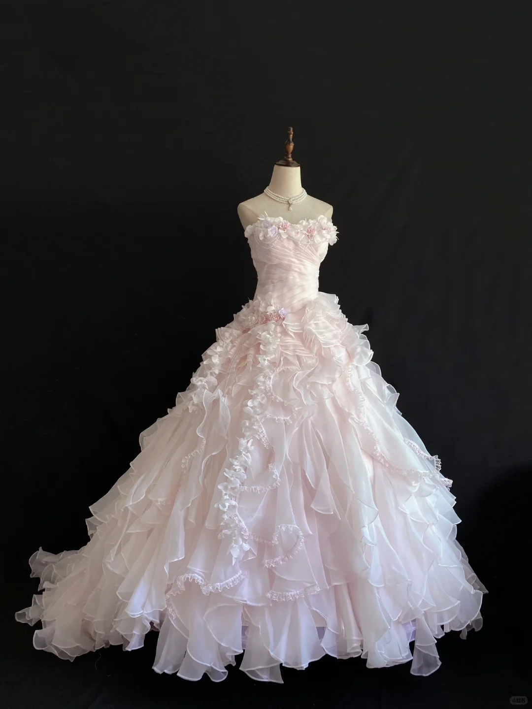 Blush Pink Strapless Long Fairy Romantic Gown With Floral Appliqués, Cinched Waist And Voluminous Princess Skirt, Wedding Dress & Bridal Gown gh8266