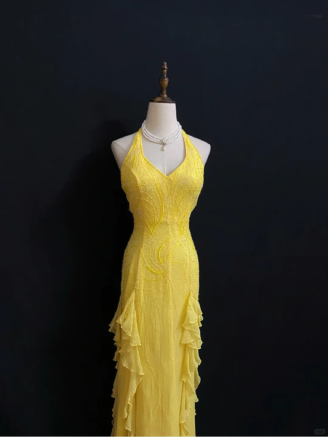 Yellow Halter Neck Elegant Long Romantic Gown, Beaded Embellishment, Fitted Waist & Slim Fit, Wedding Dress & Bridal Gown gh8175