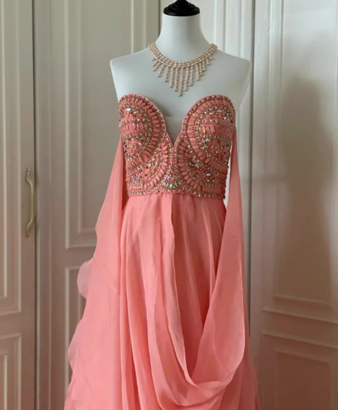 ✨Robe de soirée longue en mousseline de soie rose fantaisie déesse grecque gh4269