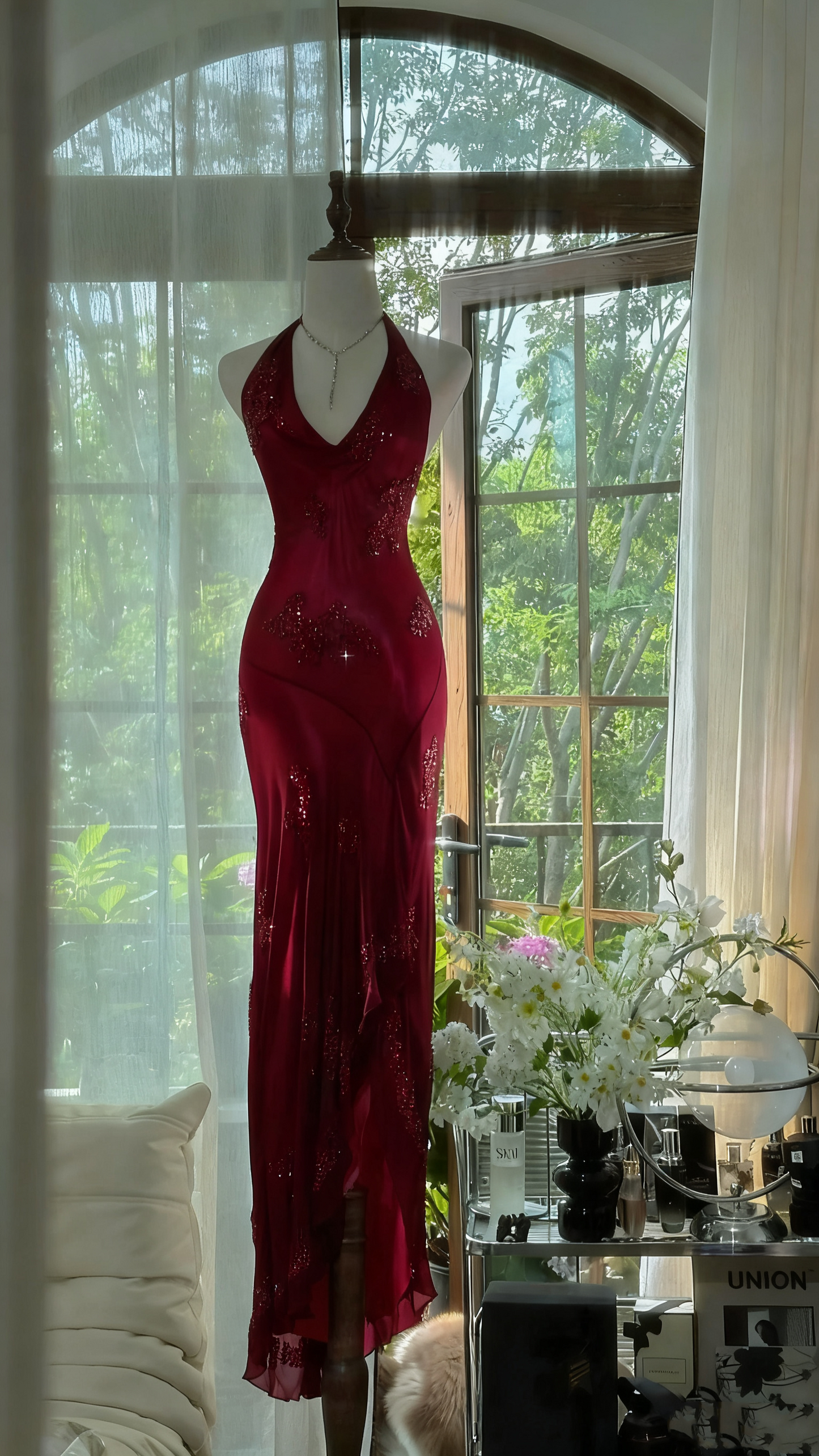 Robe de soirée longue en mousseline de soie, élégante, vert foncé, avec perles, gh4749