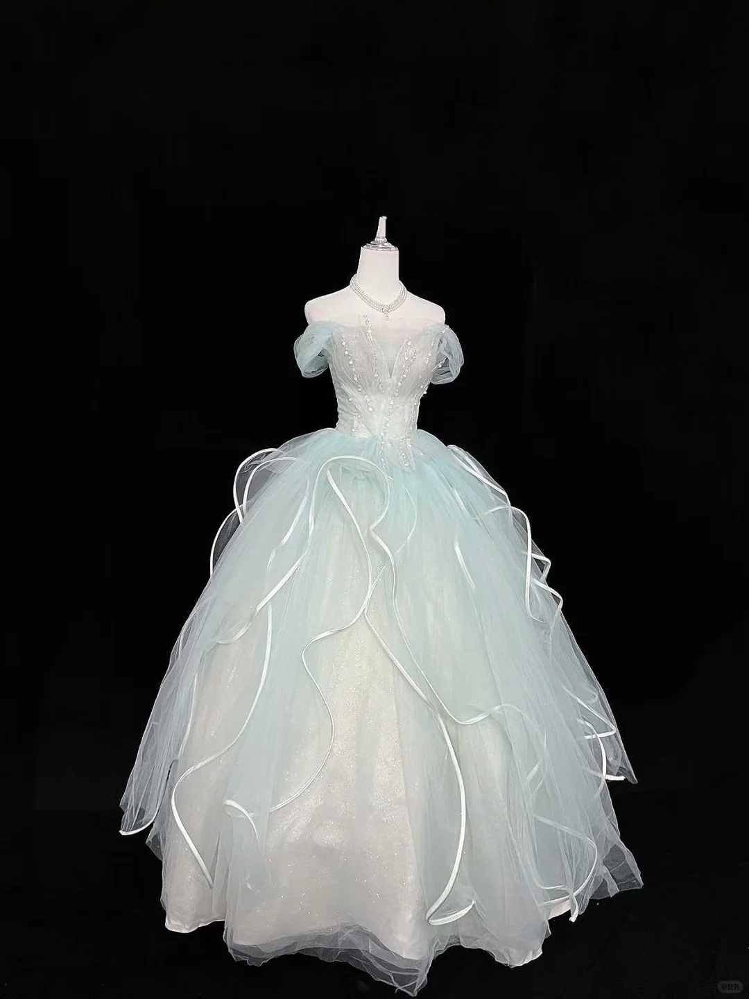 Light Mint Green Off-the-Shoulder Cinched Waist Voluminous Princess Skirt Romantic Dress, Wedding Gown gh7955