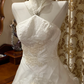 Ivory Halter Fitted Waist Slim Voluminous Skirt Prom Gown, Birthday Dress, Bridal Wedding Gown gh7266