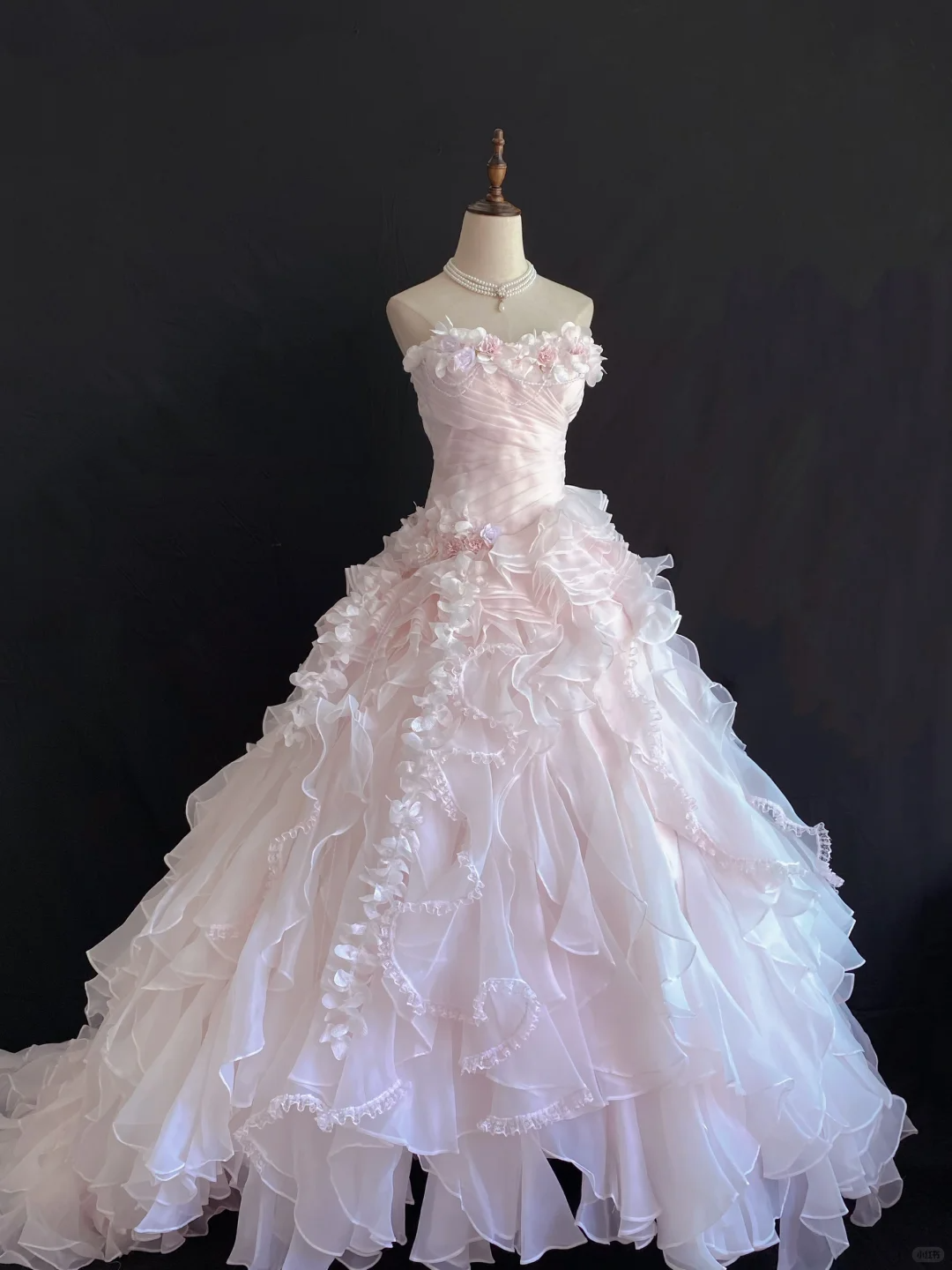 Blush Pink Strapless Long Fairy Romantic Gown With Floral Appliqués, Cinched Waist And Voluminous Princess Skirt, Wedding Dress & Bridal Gown gh8266