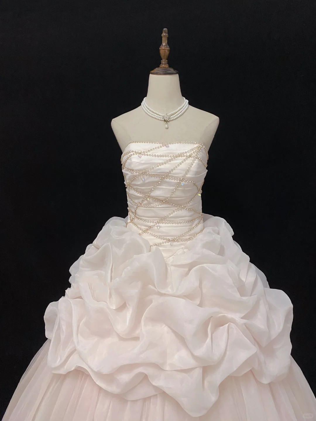 Blush Pink Strapless Romantic Gown With Rhinestones, Cinched Waist & Voluminous Princess Skirt, Wedding Dress & Bridal Gown gh8135