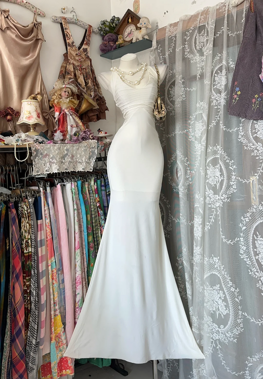 White Spaghetti Strap Waist-Cinched Bodycon Sexy Elegant Evening Party Gown gh7192