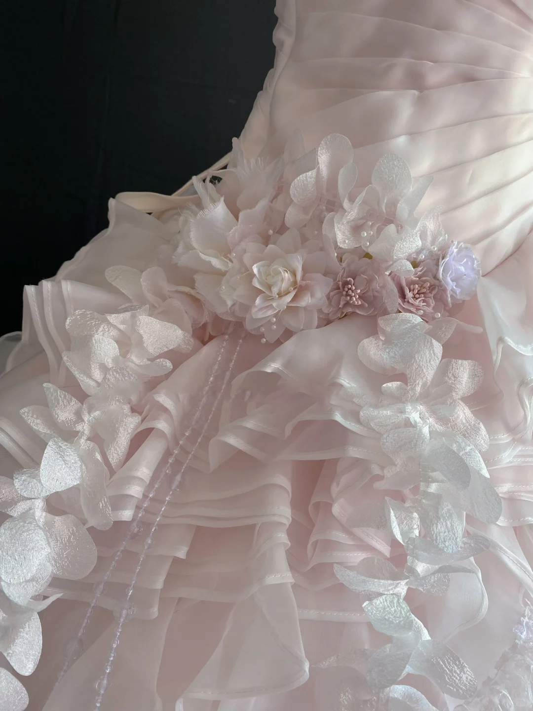 Blush Pink Strapless Long Fairy Romantic Gown With Floral Appliqués, Cinched Waist And Voluminous Princess Skirt, Wedding Dress & Bridal Gown gh8266