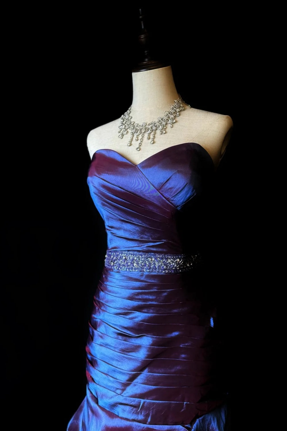 Iridescent Purple-Blue Strapless Ruched Mermaid Gown with Crystal Beaded Waistband gh7097