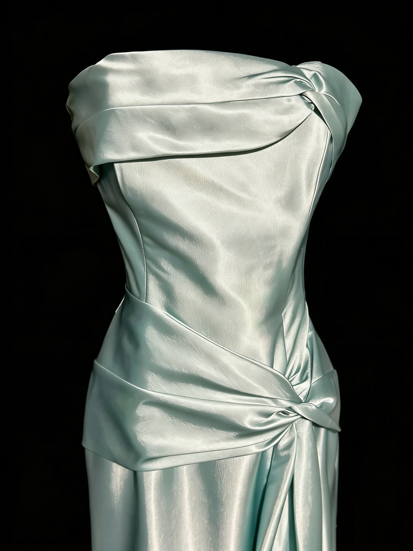 Ice Blue Strapless Satin Twist-Front Gown with Waist Cinching & Train gh7094
