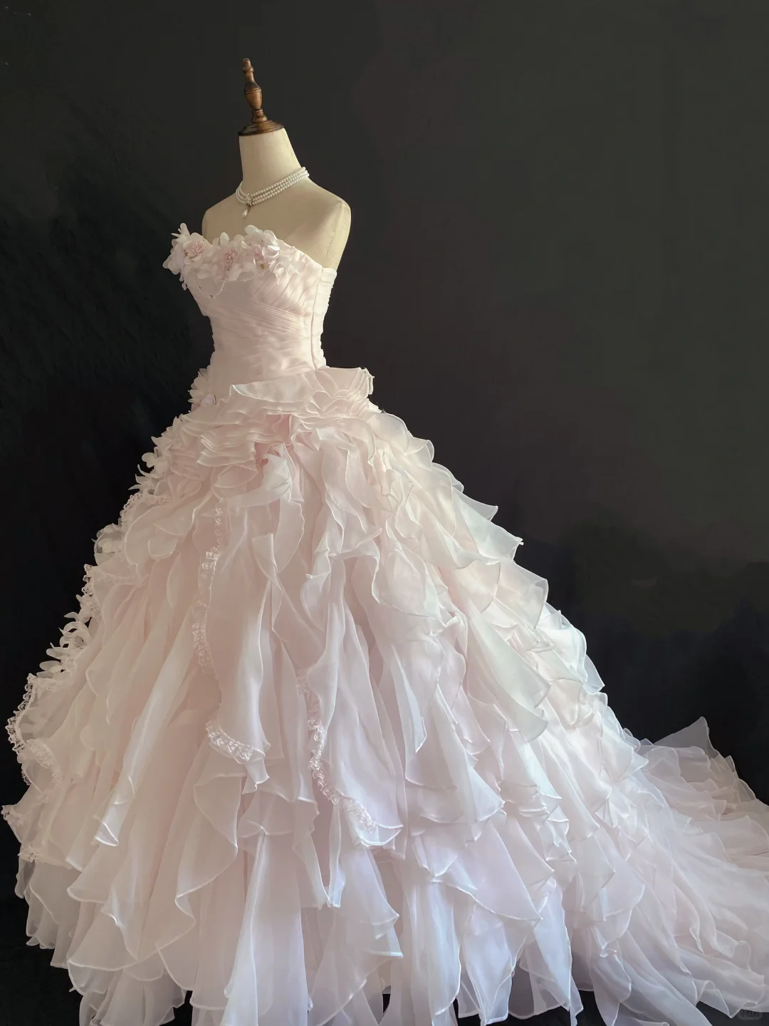 Blush Pink Strapless Long Fairy Romantic Gown With Floral Appliqués, Cinched Waist And Voluminous Princess Skirt, Wedding Dress & Bridal Gown gh8266