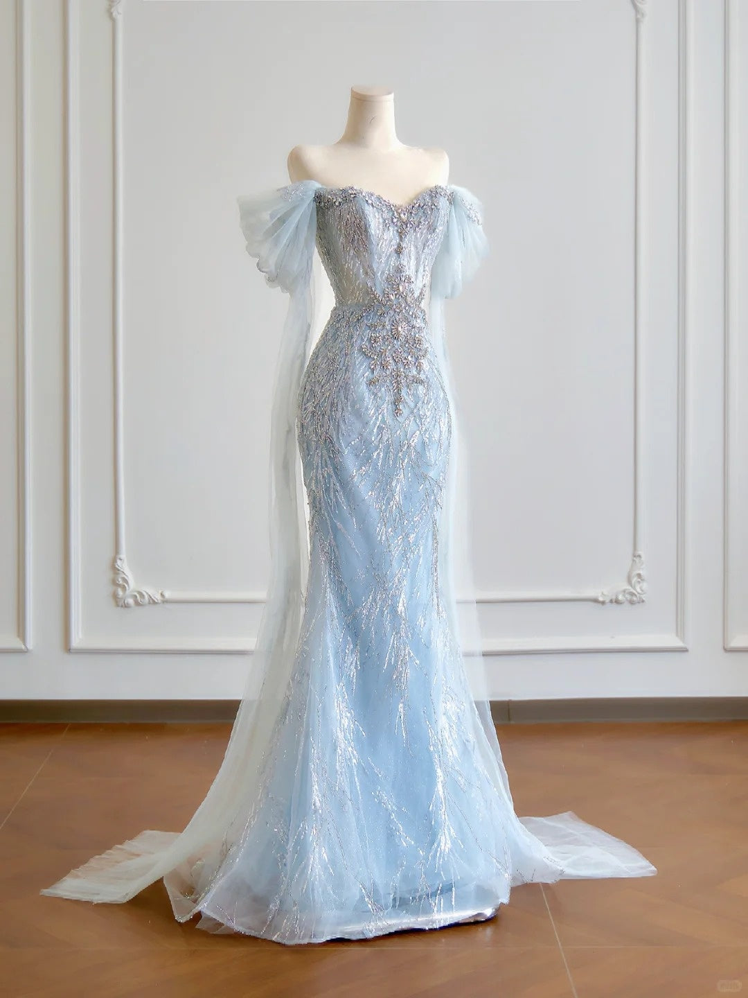 Girlhomeshops--Blue gorgeous exquisite beaded long tulle prom dress gh5485