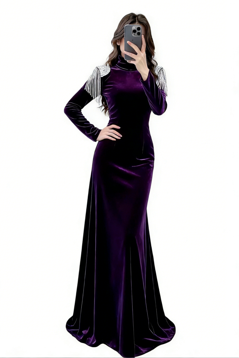 Robe longue moulante en velours à franges de cristaux - Col montant, manches longues, robe de soirée tendance gh6972